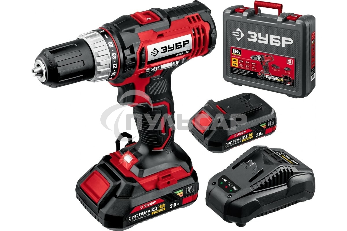 Дрель-шуруповерт ЗУБР ДШЛ-185-22, Аккумуляторная, 18В, 2 АКБ, Кейс