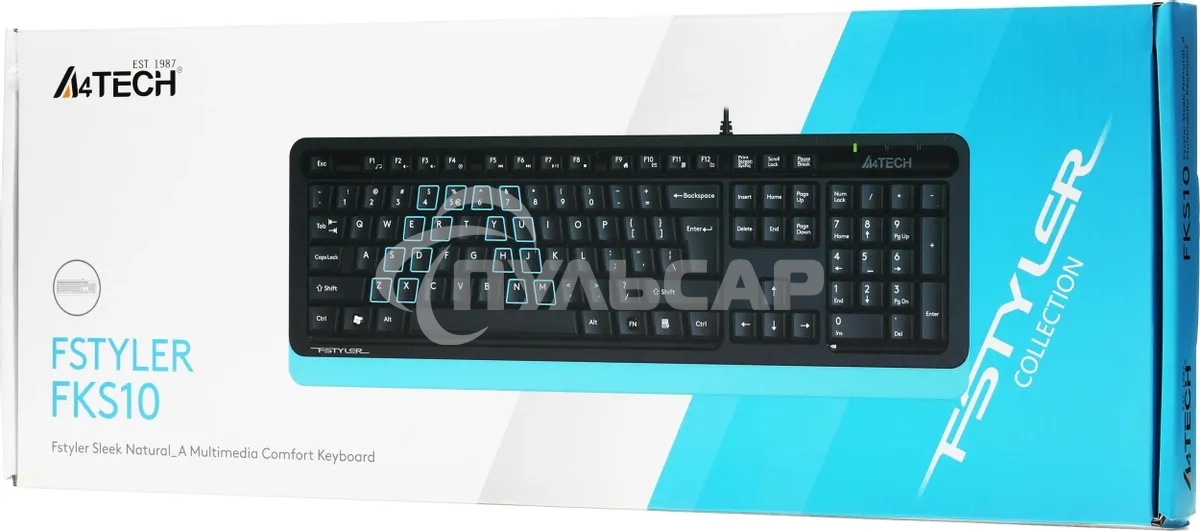 Клавиатура проводная A4Tech Fstyler FKS10, USB, черный/синий