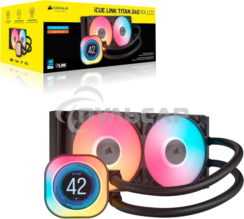 Система жидкостного охлаждения Corsair iCUE LINK TITAN 240 RX LCD (240мм, черный, RGb/ Fans: 2x120мм, 73.5CFM, 36dBA, 2100RPM/ S: 1851, 1700, AM5, AM4)