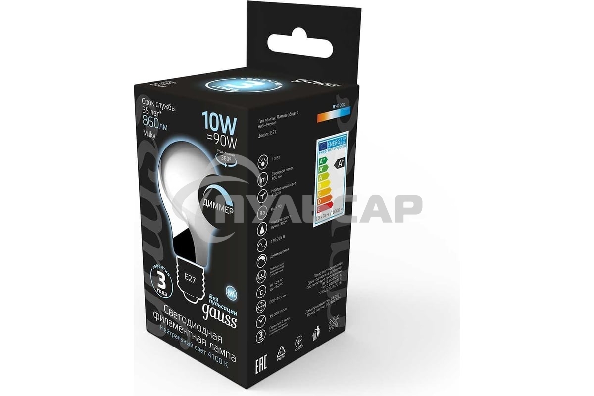 Лампа светодиодная Gauss Filament A60 E27 10Вт 4100К OPAL диммир