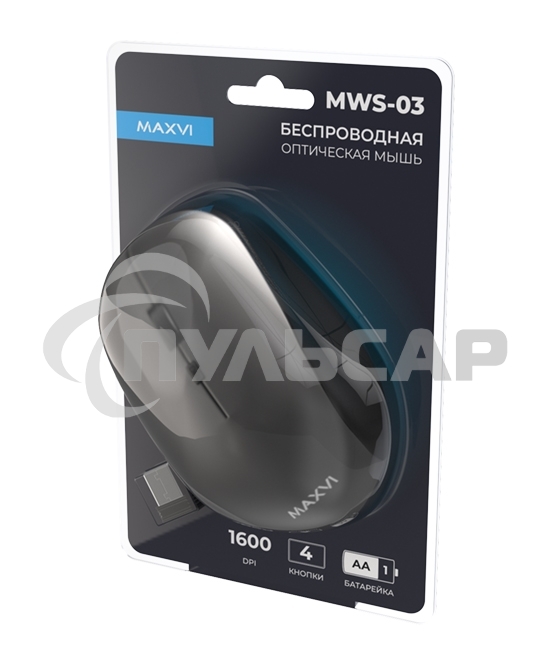 Мышь беспроводная Maxvi MWS-03 черный, 4 кнопки, 1600 dpi