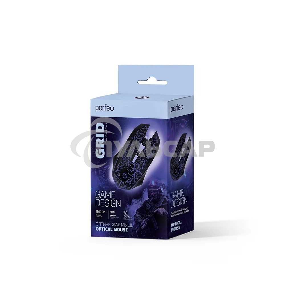 Мышь проводная оптическая Perfeo GRID, 4 кн, USB, черный, GAME DESIGN, 7 цв. подсветка, 800-1600 DPI PF_A4800