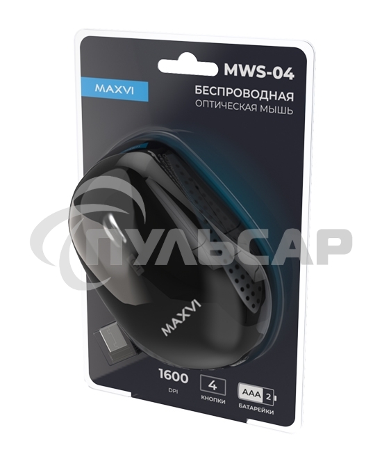 Мышь беспроводная Maxvi MWS-04 черный, 4 кнопки, 1600 dpi