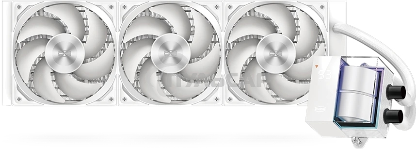 Система охлаждения/ PCCooler DS360 WH (310W, 360мм, LED temp., белый, ARGB Pump/ Fans: 3x120мм, 86.73CFM, 28dBA, 2200RPM/ Pump height 67мм, 28dBA, 3200RPM, Rad thickness 27мм/ S: 1851, 1700, 1200, 20XX, 115X, AM5, AM4)