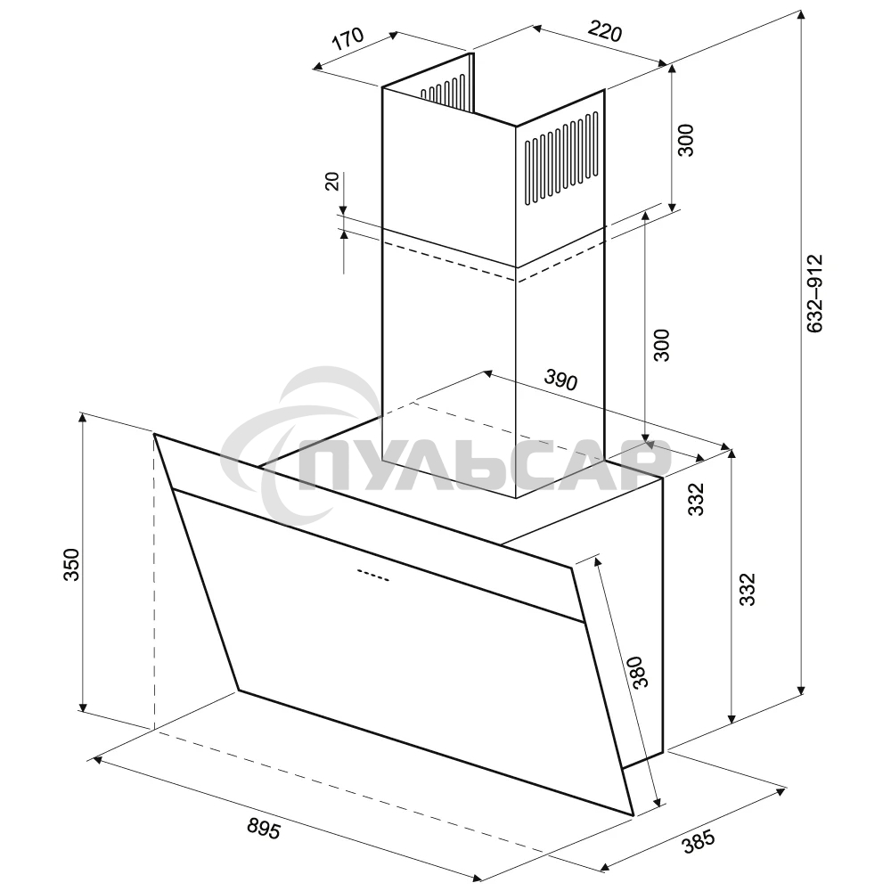 Наклонная вытяжка Krona KRISTEN A 900 black S черный/нерж.сталь