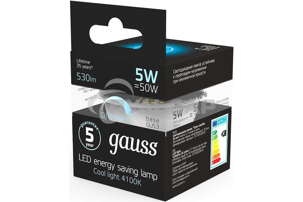 Лампа светодиодная диммируемая Gauss MR16 5Вт 4100К белый GU5.3 530лм 180-265В
