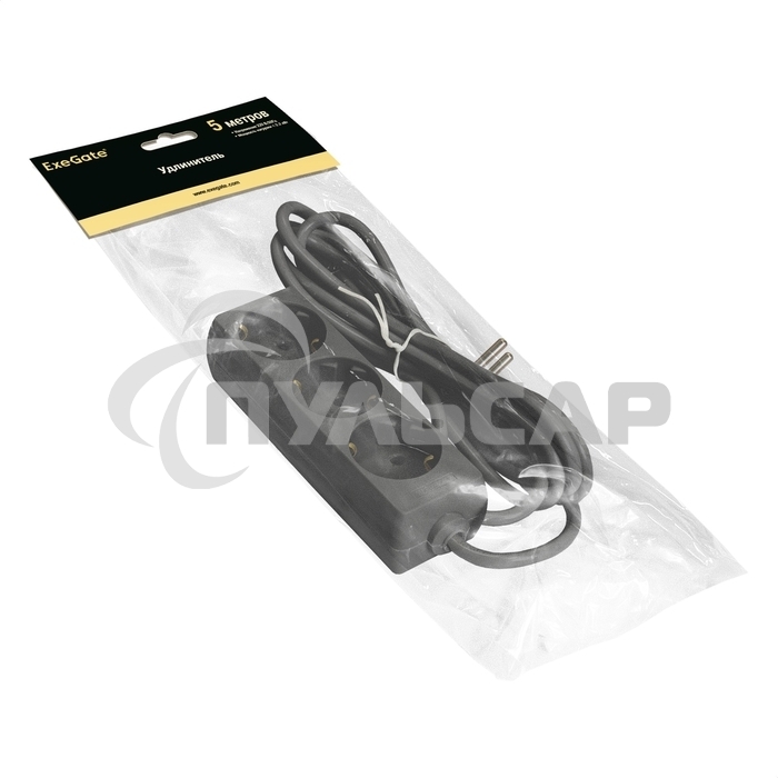 Удлинитель ExeGate ECE-3-5B (EX285807RUS), черный, 5 м, Евровилка с заземлением, 3 евророзетки с заземлением, 2200 Вт