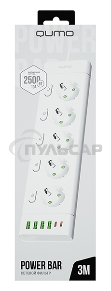 Сетевой фильтр QUMO Power Bar Light SPFSU2 (P-0009), 5 розеток, 2500 Вт, 10A, каб.3м 3*1 мм медь, 4U+2C (2,4A),Wt