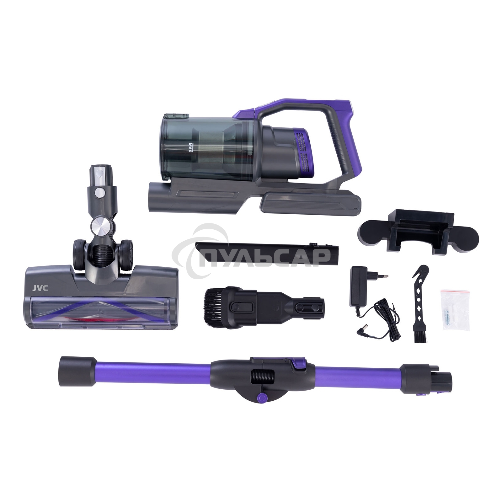 Пылесос вертикальный JVC JH-VS134 фиолетовый/черный, питание от аккумулятора, пылесборник 1,2 л, работа от АКБ max 50 мин.