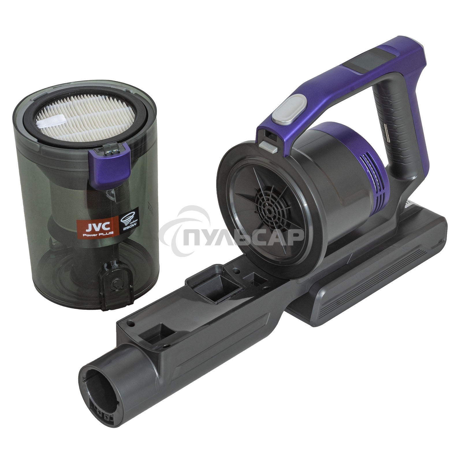 Пылесос вертикальный JVC JH-VS134 фиолетовый/черный, питание от аккумулятора, пылесборник 1,2 л, работа от АКБ max 50 мин.