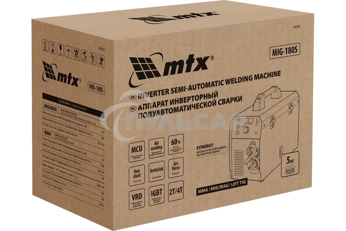 Аппарат инвертор. полуавтомат. cварки MIG-180S, 180A, ПВ 60%, катушка 5 кг MTX