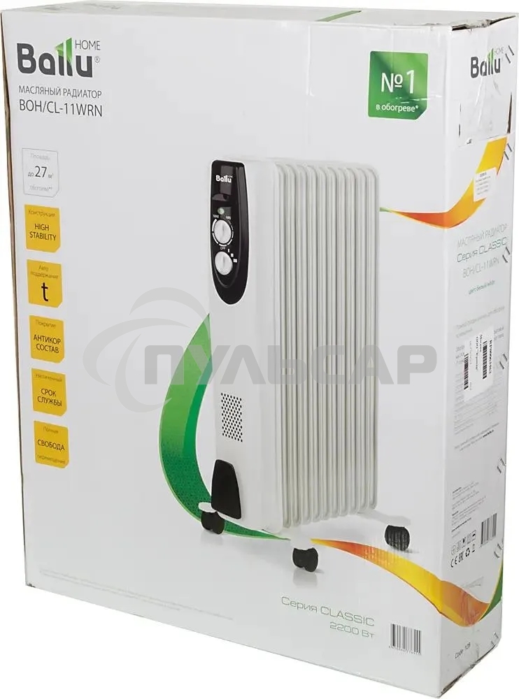Обогреватель масляный Ballu BOH/CL-11WRN (11 секций) белый, 2200 Вт, 27 м2, термостат