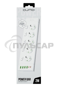Сетевой фильтр QUMO Power Bar Light SPFSU2 (P-0009), 5 розеток, 2500 Вт, 10A, каб.2м 3*1 мм медь, 4U+2C (2,4A),Wt