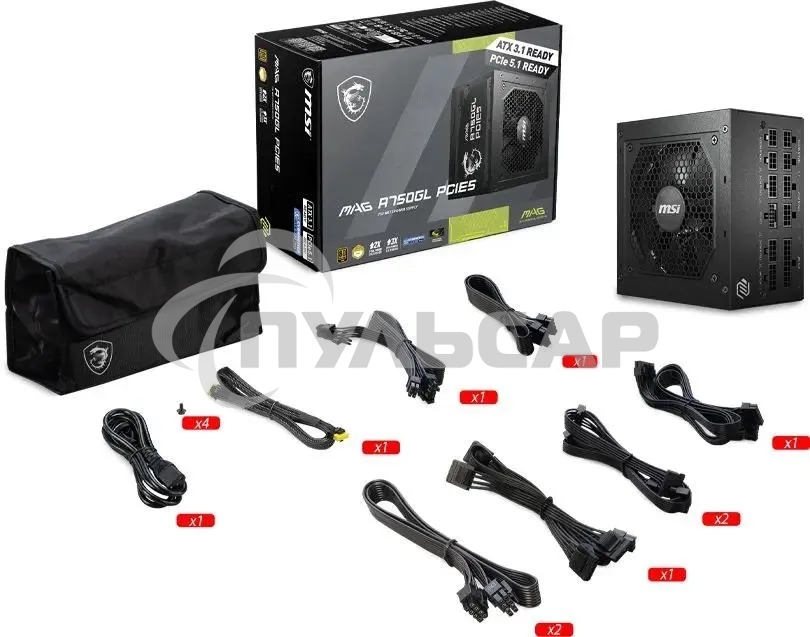 Блок питания MSI ATX 750W MAG A750GL PCIE5 Gen.5 80 PLUS gold (20+4pin) APFC 120мм fan 8xSATA Cab Manag RTL