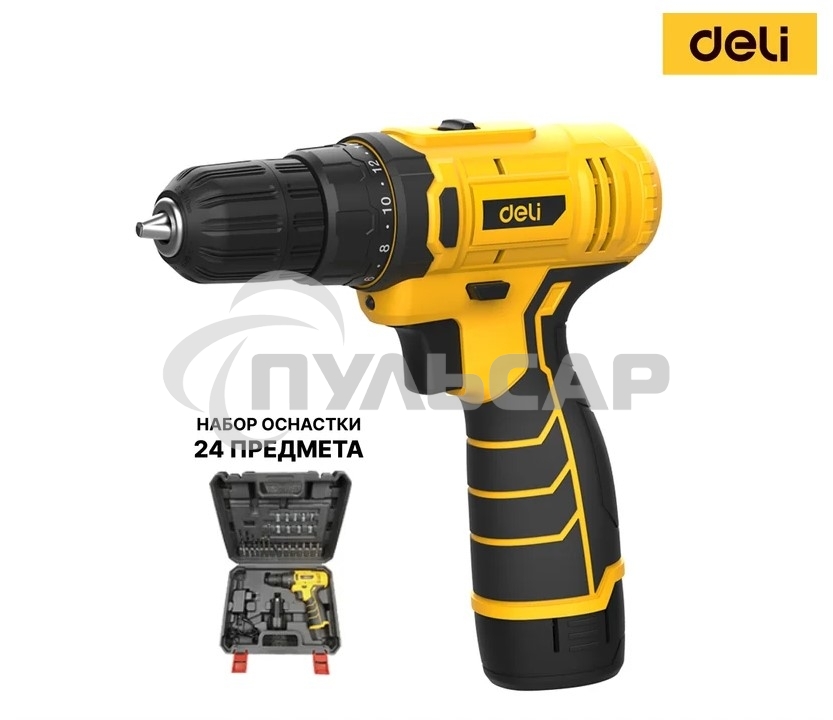 Дрель-шуруповерт Deli DL-DZ12-6A2, Аккумуляторная, 12В, 1 АКБ, Кейс, Набор оснастки 24 предмета