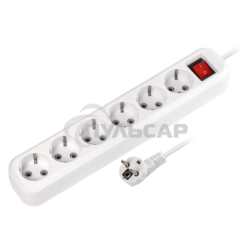 Удлинитель Smartbuy, 6 гнезд 3 м, 16А/3,5кВт с выкл. и заземлением ПВС 3х1,0 (SBE-16-6-03-ZS)