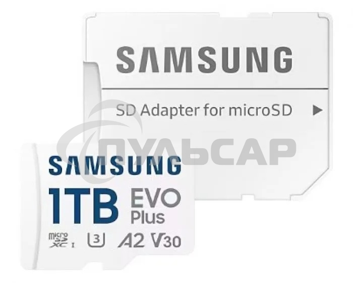 Флеш карта Samsung EVO Plus, microSDXC 1Tb, Class 10, A2, V30, UHS-I (U3), W 90 МБ/с, R 160 МБ/с, адаптер на SD
