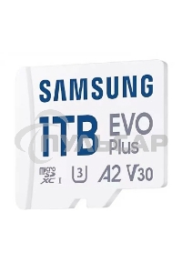 Флеш карта Samsung EVO Plus, microSDXC 1Tb, Class 10, A2, V30, UHS-I (U3), W 90 МБ/с, R 160 МБ/с, адаптер на SD