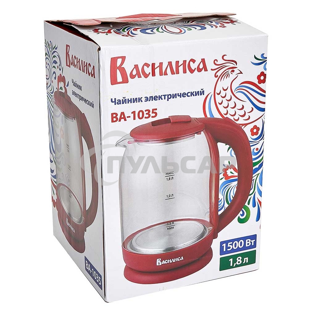 Чайник электрический ВАСИЛИСА ВА-1035 1,8л, стекло, бордовый, 1500 Вт(12)