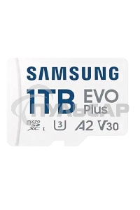 Флеш карта Samsung EVO Plus, microSDXC 1Tb, Class 10, A2, V30, UHS-I (U3), W 90 МБ/с, R 160 МБ/с, адаптер на SD