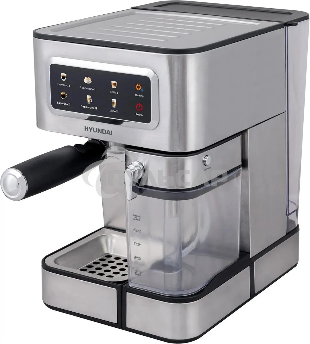 Кофеварка рожковая Hyundai HEM-5306 серебристый/черный, исп. кофе - молотый/капсулы, 1.8 л, 1350 Вт, 20 бар