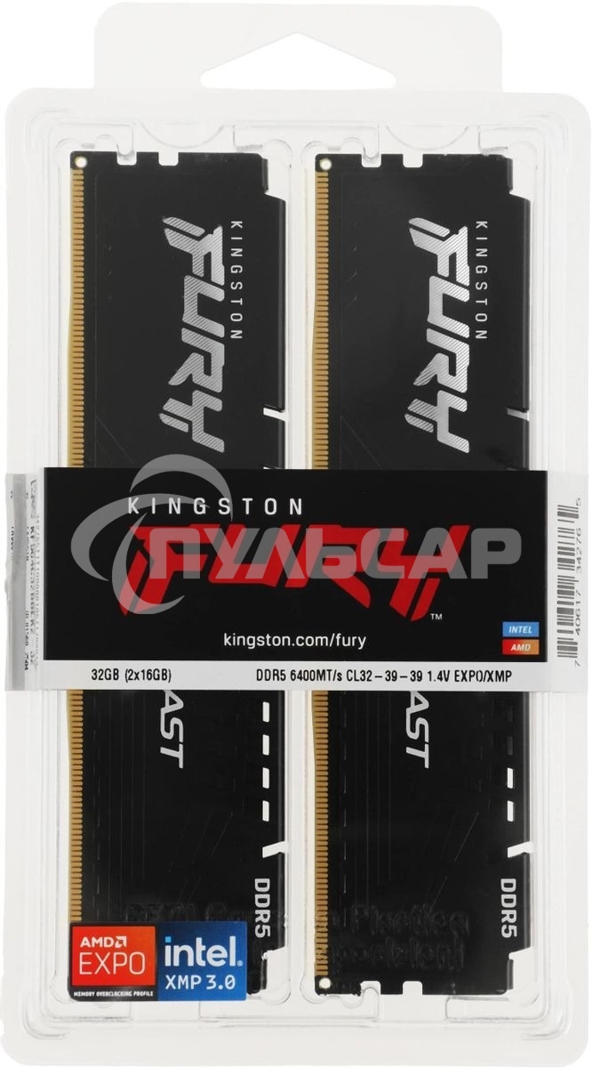 Оперативная память Kingston Fury Beast, DDR5, 32Gb (2x16Gb), 6400MHz, CL32, DIMM, с радиатором, черный