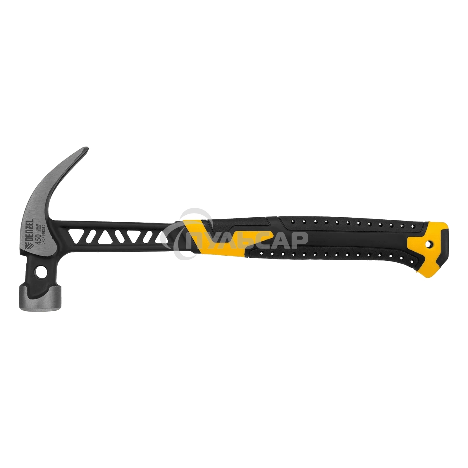 Молоток-гвоздодер Denzel 450 г, цельнокованый, боек с магнитом, двухкомп. обрезин. рук-ка