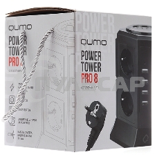 Сетевой фильтр Qumo Power Tower Pro 8SP4U (P-0002), 8 розеток, 2200 Вт, 10A, кабель 2м 3*1 мм чистая медь, пожаробезопасный пластик, евровилка, 4 USB порта 4.5A суммарно