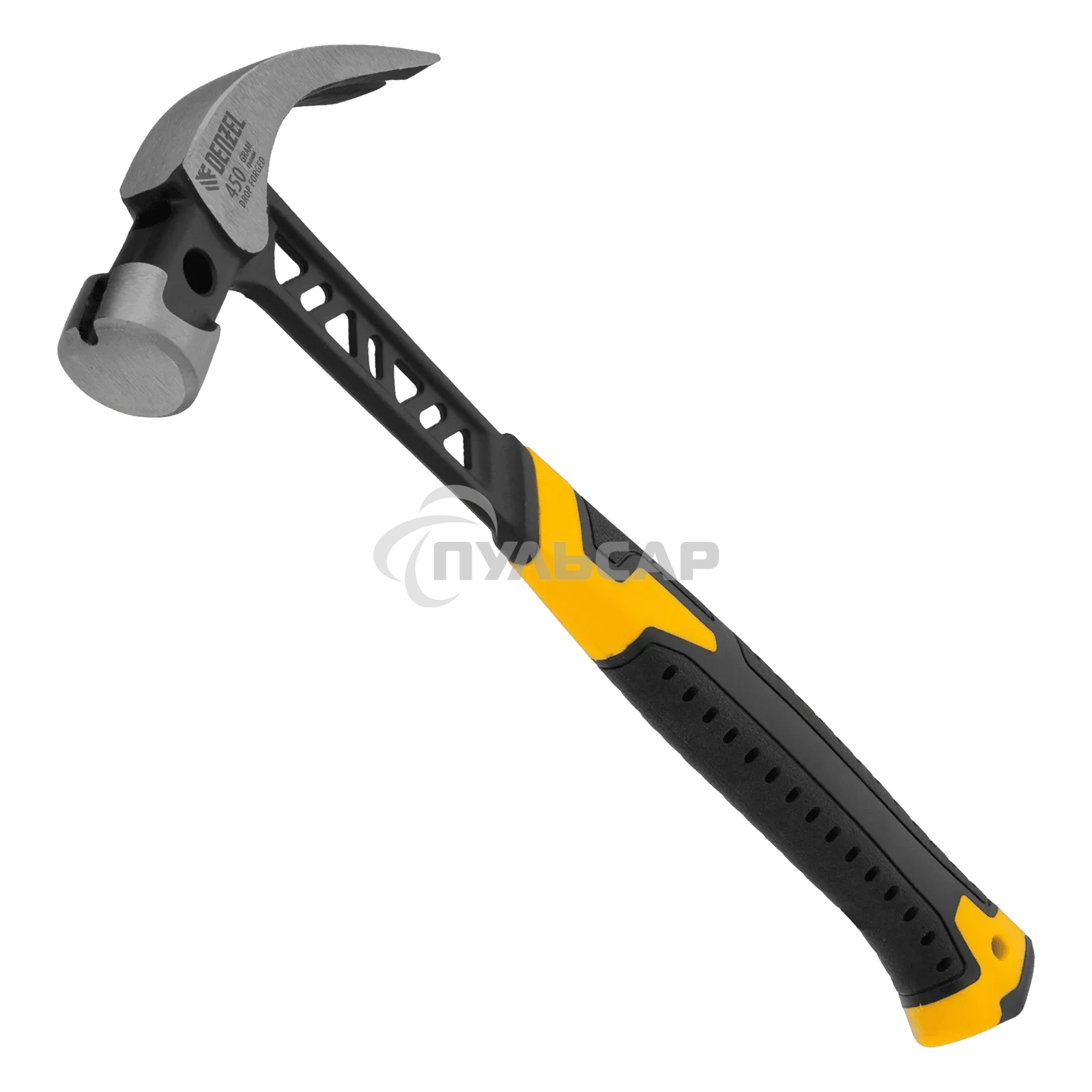 Молоток-гвоздодер Denzel 450 г, цельнокованый, боек с магнитом, двухкомп. обрезин. рук-ка