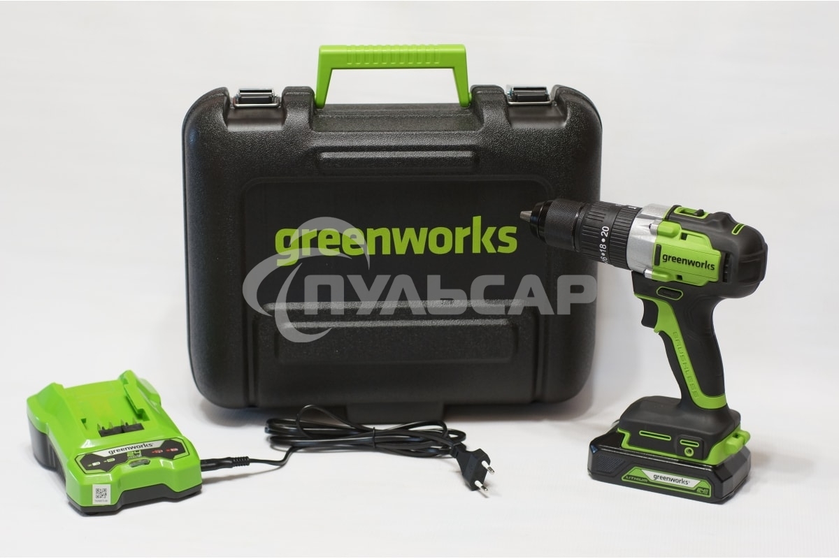 Дрель-шуруповерт GREENWORKS GD24DD60K2, Аккумуляторная, 18В, Ударная, Кейс