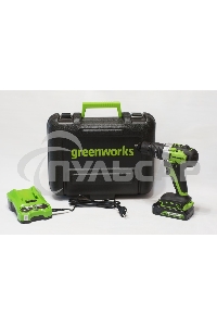 Дрель-шуруповерт GREENWORKS GD24DD60K2, Аккумуляторная, 18В, Ударная, Кейс