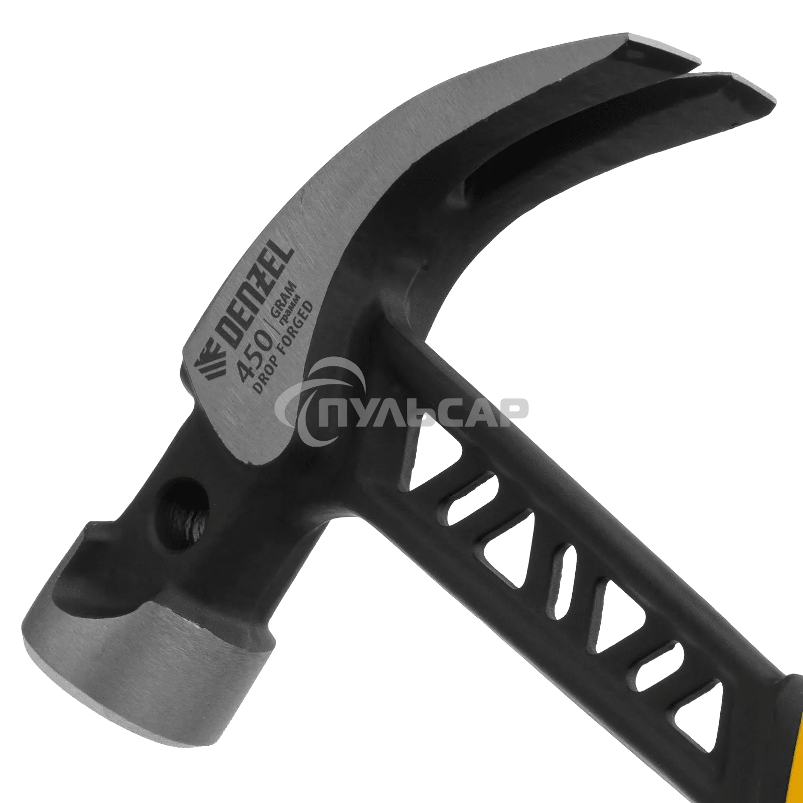 Молоток-гвоздодер Denzel 450 г, цельнокованый, боек с магнитом, двухкомп. обрезин. рук-ка