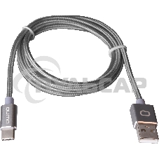 Кабель Qumo Type-С кабель, 1м, USB 2.0, 5В, 2А, 10Вт, тканевая оплетка, стальной коннектор, серый космос