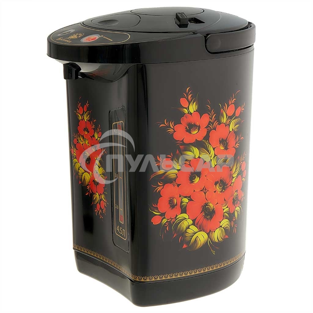 Термопот ВАСИЛИСА ВА-5007 Жостово Объем 4,5 л. Мощность в режиме кипячения 900 Вт. Мощность в режиме поддержания температуры воды 30 Вт. Внутренняя емкость из нержавеющей стали. Вращение корпуса на основании на 360°. Шкала уровня воды. Световые индикаторы