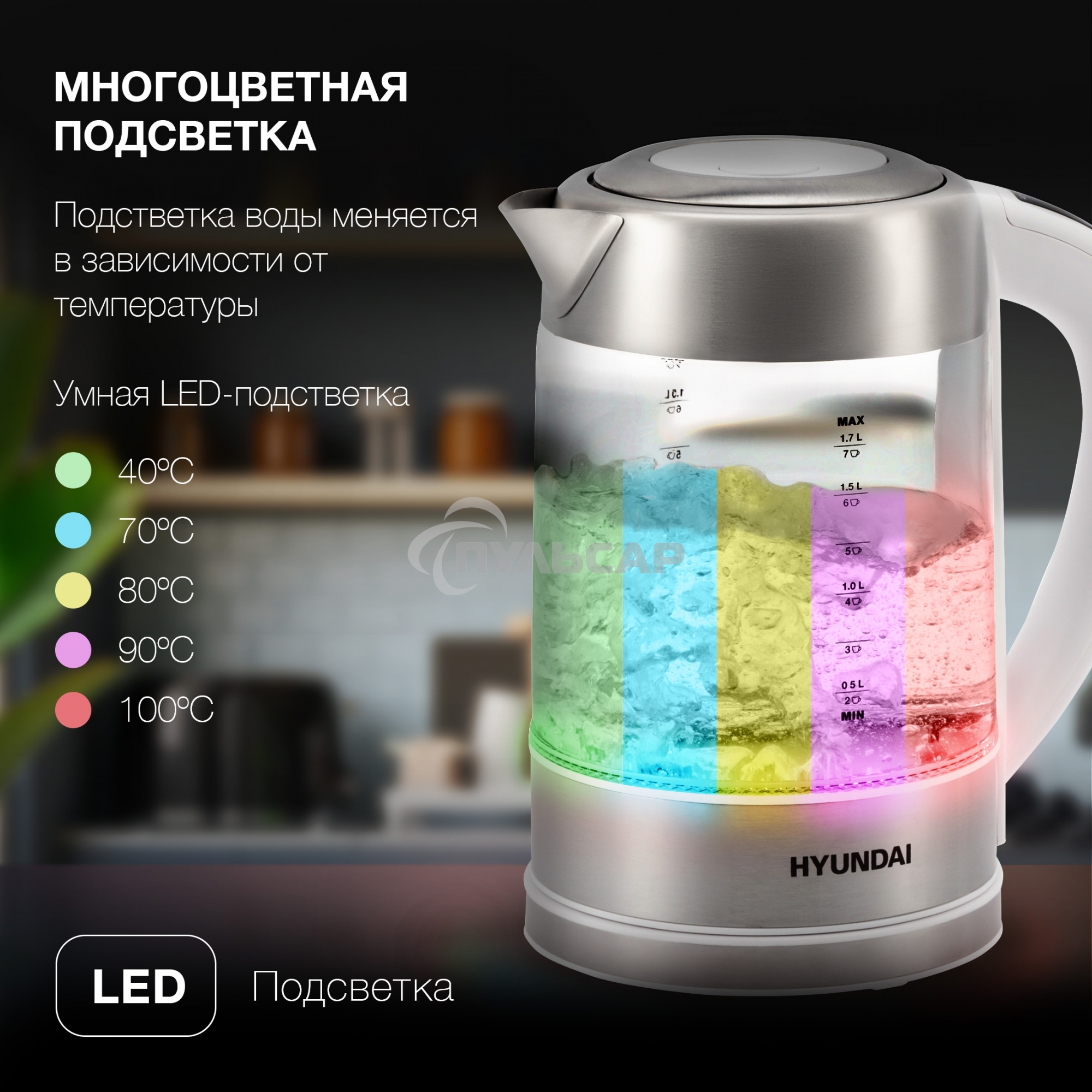 Чайник электрический Hyundai HYK-S5807 1.7л. 2200Вт белый/серебристый (корпус: стекло)