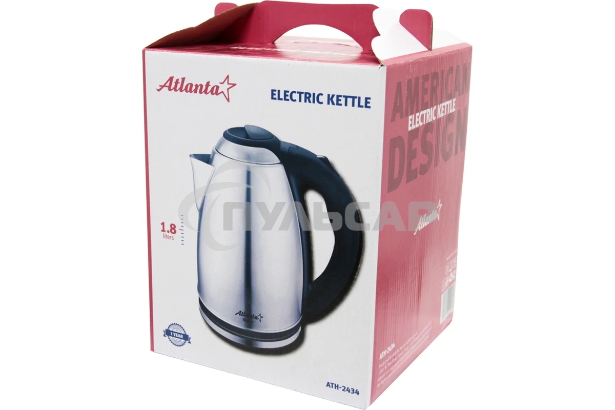 Чайник электрический ATLANTA, ATH-2434 черный, нержавейка Металл, 1,8л, 1500Вт, коричн/стальной, автомат откл, защита от перегрева без воды