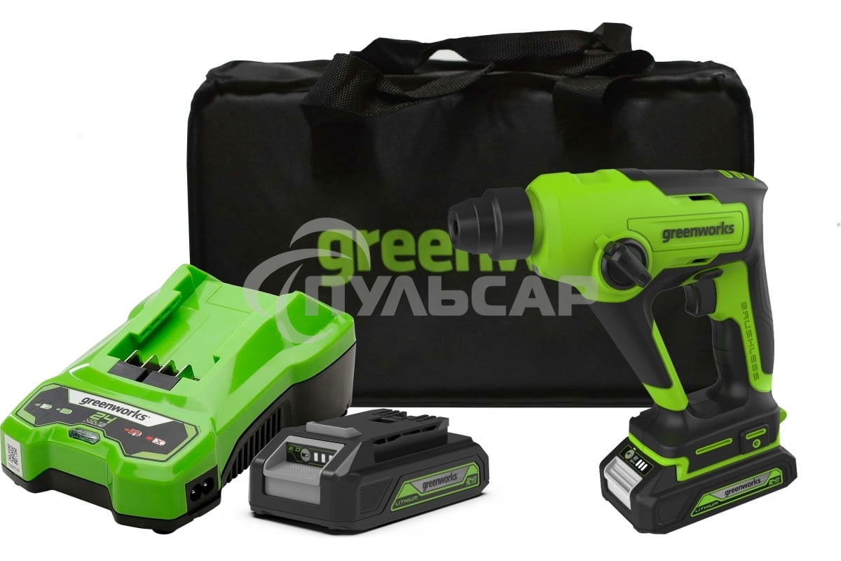 Перфоратор аккумуляторный бесщеточный GreenWorks GD24SDS1K2, 1,2 ДЖ, 24V, c АКБ 2А·ч и ЗУ, в сумке (3803107UA)