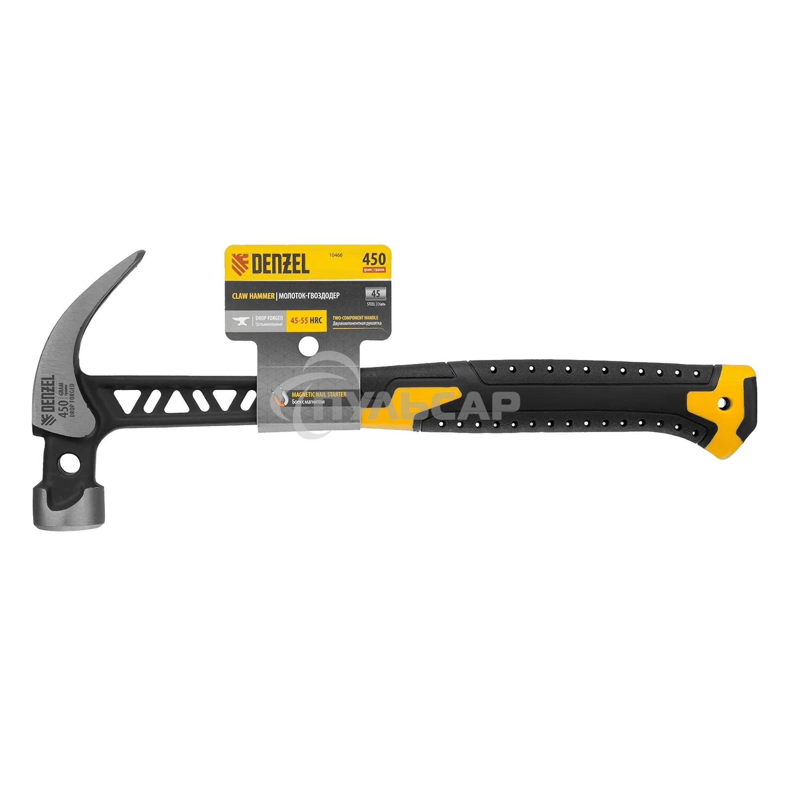 Молоток-гвоздодер Denzel 450 г, цельнокованый, боек с магнитом, двухкомп. обрезин. рук-ка