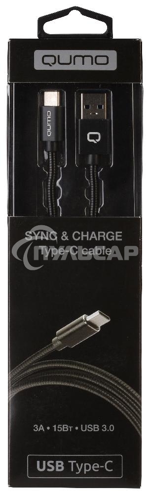 Кабель Qumo Type-С кабель, 1м, USB 3.0, 5В, 3А, 15Вт, металлическая оплетка, металлический коннектор, черный