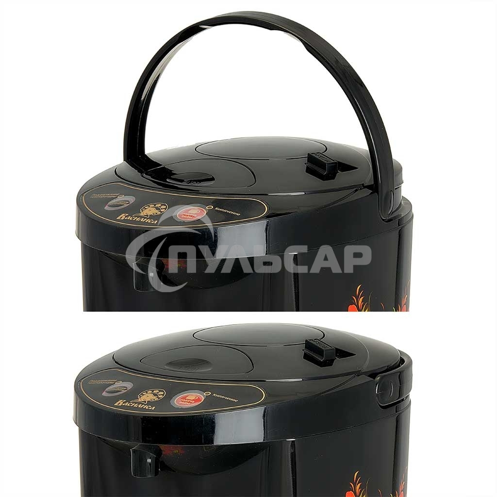 Термопот ВАСИЛИСА ВА-5007 Жостово Объем 4,5 л. Мощность в режиме кипячения 900 Вт. Мощность в режиме поддержания температуры воды 30 Вт. Внутренняя емкость из нержавеющей стали. Вращение корпуса на основании на 360°. Шкала уровня воды. Световые индикаторы