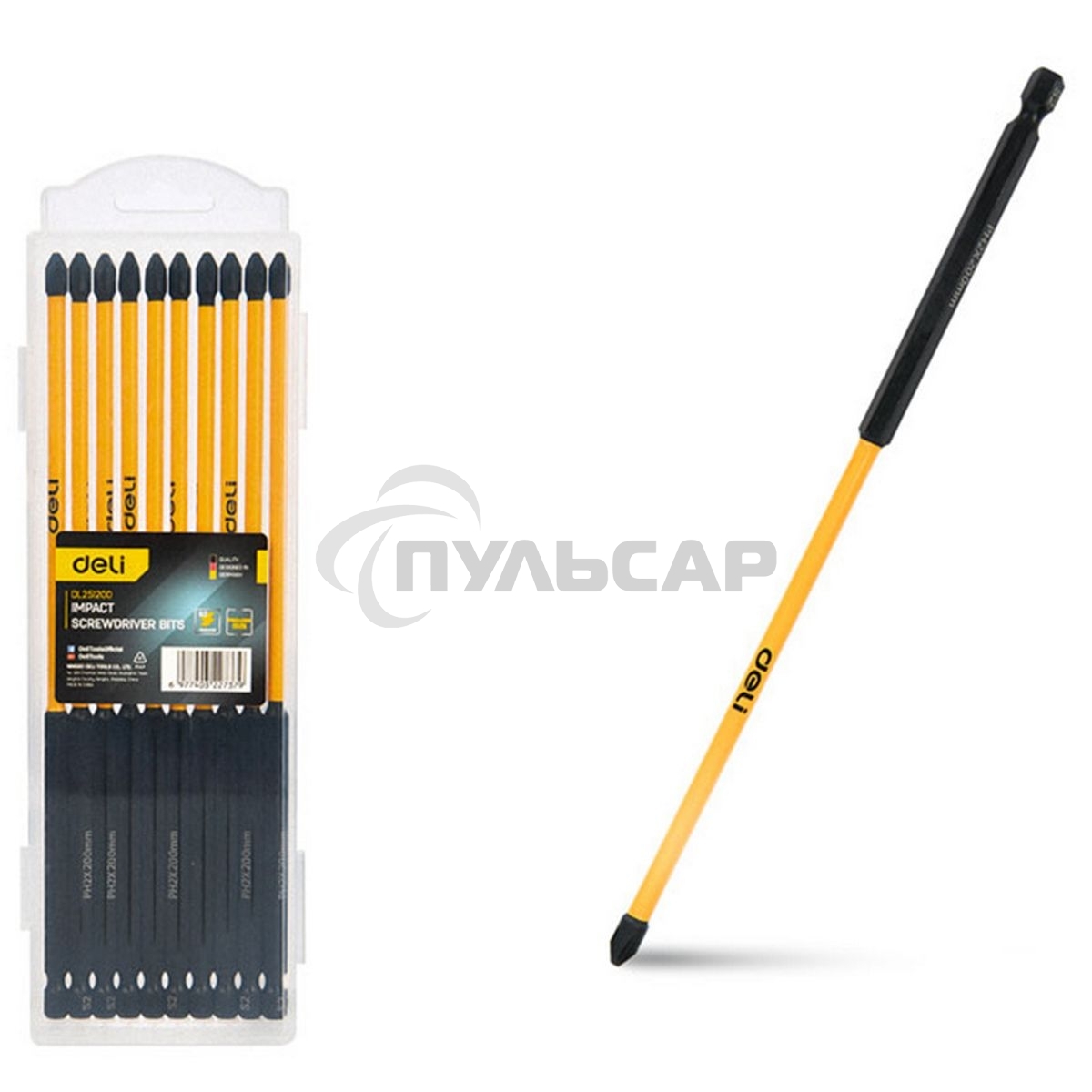 Набор торсионных бит для ударных шуруповертов 10шт Deli DL251200 PH2*200мм, сталь S2, пласт.кейс