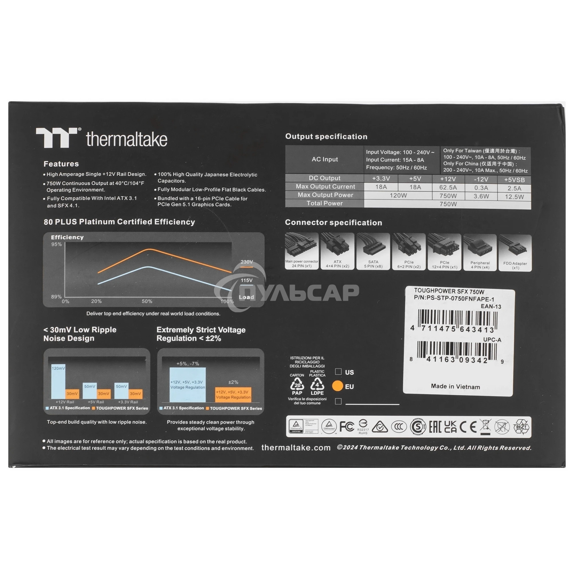 Блок питания Thermaltake SFX 750W Toughpower SFX750 Gen.5 80 PLUS platinum (20+4pin) APFC 90мм fan 8xSATA Cab Manag RTL