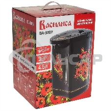 Термопот ВАСИЛИСА ВА-5007 Жостово Объем 4,5 л. Мощность в режиме кипячения 900 Вт. Мощность в режиме поддержания температуры воды 30 Вт. Внутренняя емкость из нержавеющей стали. Вращение корпуса на основании на 360°. Шкала уровня воды. Световые индикаторы