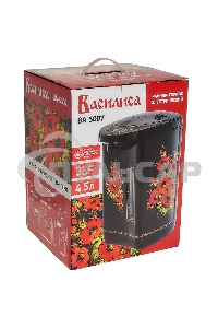 Термопот ВАСИЛИСА ВА-5007 Жостово Объем 4,5 л. Мощность в режиме кипячения 900 Вт. Мощность в режиме поддержания температуры воды 30 Вт. Внутренняя емкость из нержавеющей стали. Вращение корпуса на основании на 360°. Шкала уровня воды. Световые индикаторы