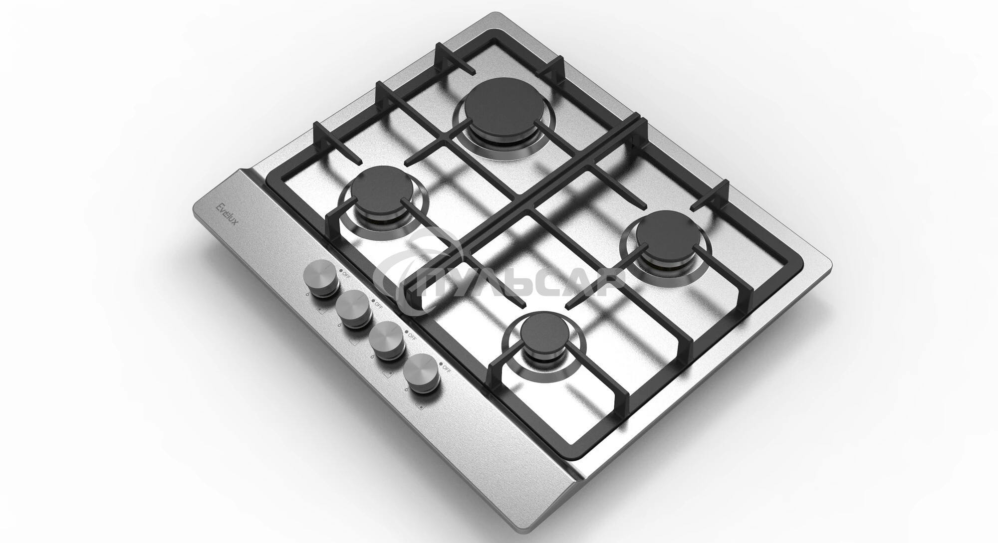 Газовая варочная панель Evelux HEG 633 X Hi-Tech, 60 см, 4 конфорки, чугунные решетки, газ-контроль, электроподжиг, механическое управление, нержавеющая сталь