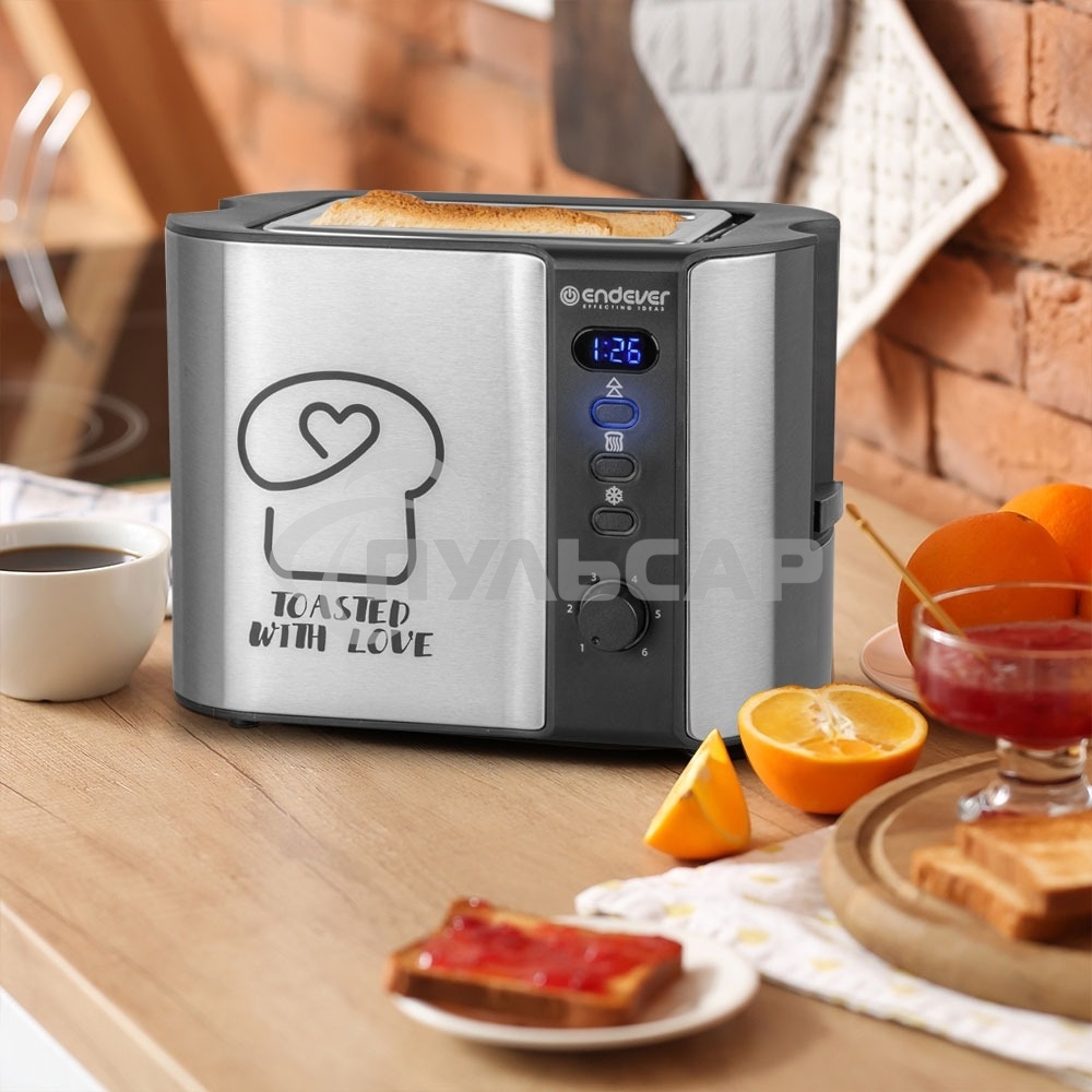 Тостер электрический ENDEVER Skyline ST-127, мощность 800 Вт, стальной/черный, 6 реж. поджаривания, 2 отсека для тостов, 4 шт/уп