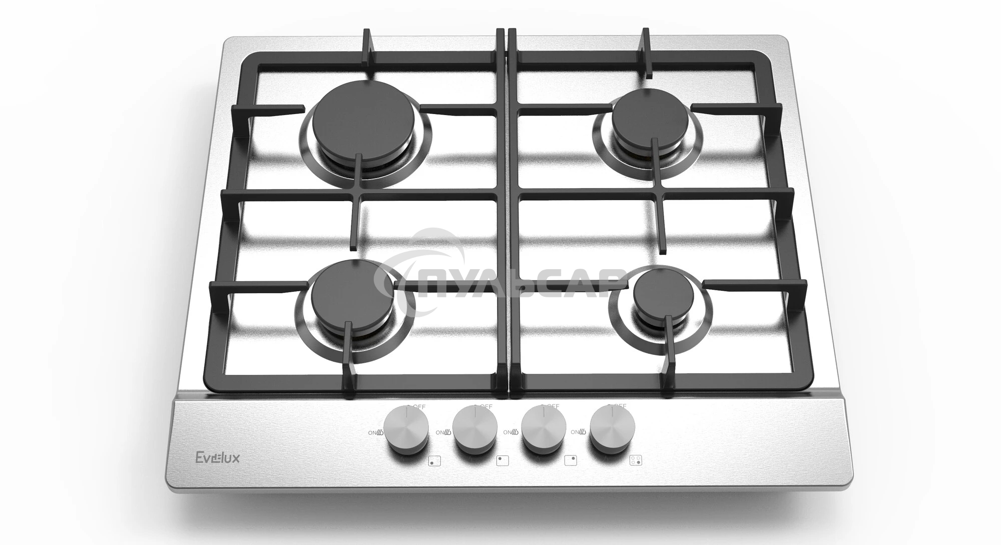 Газовая варочная панель Evelux HEG 633 X Hi-Tech, 60 см, 4 конфорки, чугунные решетки, газ-контроль, электроподжиг, механическое управление, нержавеющая сталь