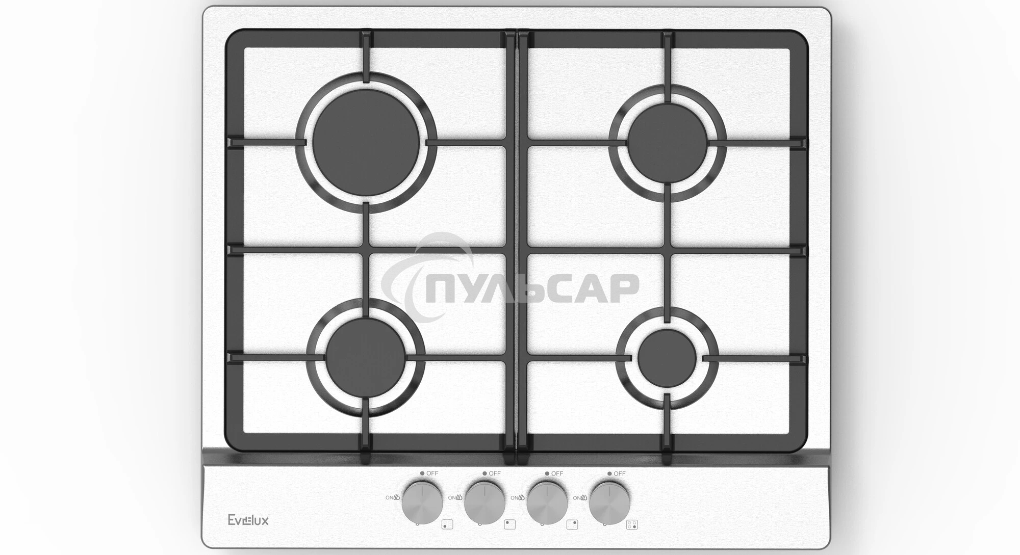 Газовая варочная панель Evelux HEG 633 X Hi-Tech, 60 см, 4 конфорки, чугунные решетки, газ-контроль, электроподжиг, механическое управление, нержавеющая сталь