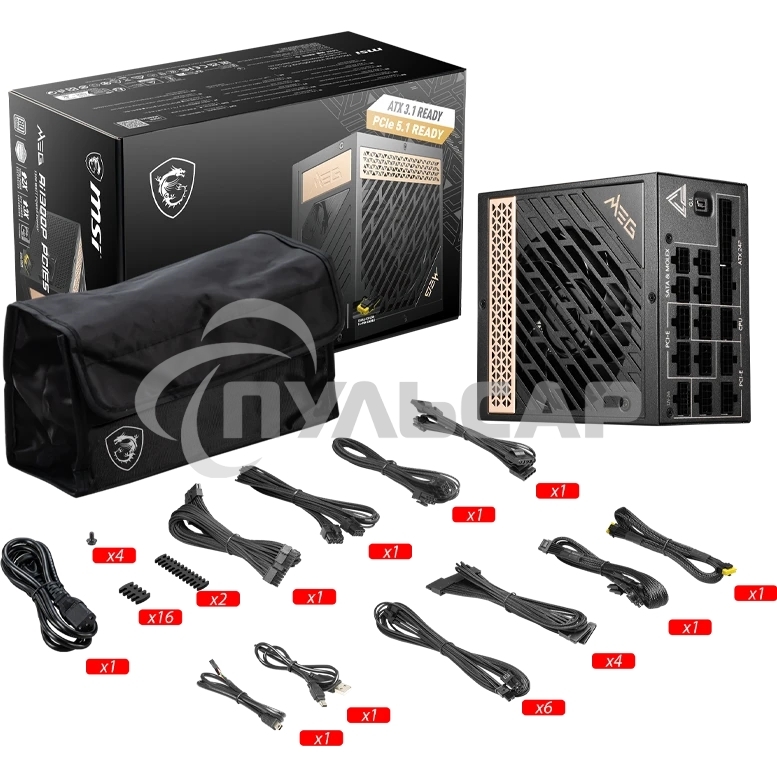 Блок питания MSI MEG Ai1300P (306-7ZP4A11-CE0), 1300Вт, 80 PLUS Platinum, 120мм, модульный, черный / золотой