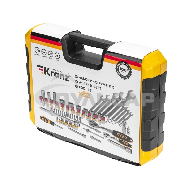 Набор инструментов KRANZ 1/2, 1/4, CrV, пластиковый кейс, 82 предмета